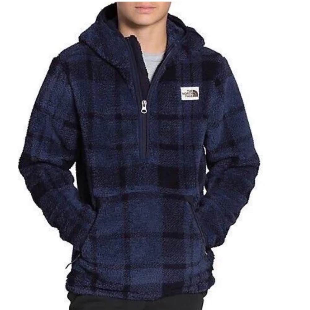 North Face boys campshire fleece blue plaid, good condition